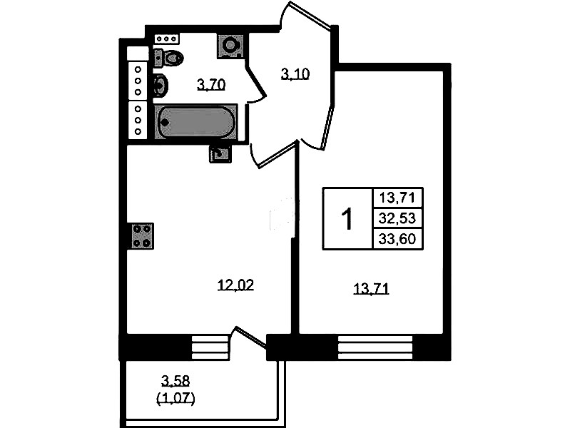 1-комнатная квартира 33.6 м², 7/11 эт., ЖК «Новое Колпино»